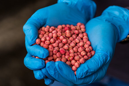 Close-up of a handful in the hands in the form of a heart soybean seeds