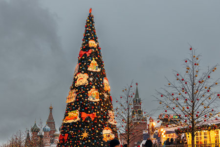 Christmas tree near historic building on Red Square.の写真素材