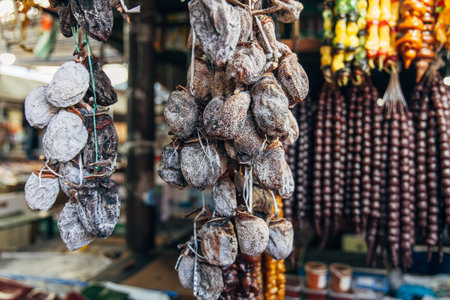 Dried persimmon fruits are sold at the marketの写真素材