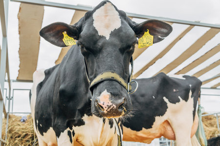 Close-up portrait of a young Holstein cowの写真素材