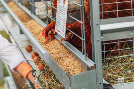 Close up of Isa brown hens on a poultry farm. Egg farm. Laying hens.の写真素材