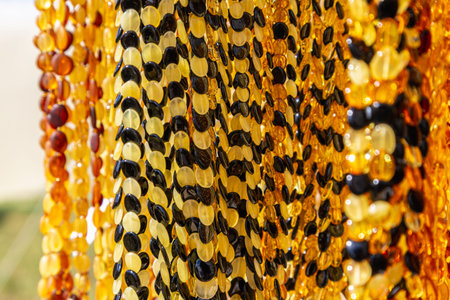 Amber Beads in a Street Shop. Orange Baltic Sea Souvenir, Natural Jewelry, Gold Brown Stone Necklace