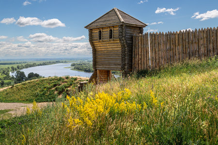 Ancient wooden fortress on a background of river spaces. Russia, Tatarstan, ancient Bulgar fortress in Yelabugaの写真素材