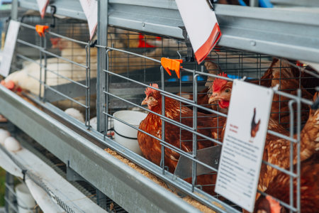 Close up of Isa brown hens on a poultry farm. Egg farm. Laying hens.の写真素材