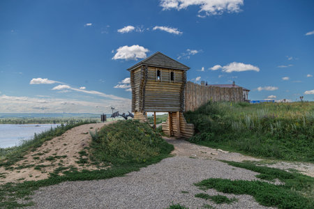 The tower of an ancient fortress on a high cliff on the banks of the Kama River, Elabuga, Tatarstan, Russian Federationの写真素材