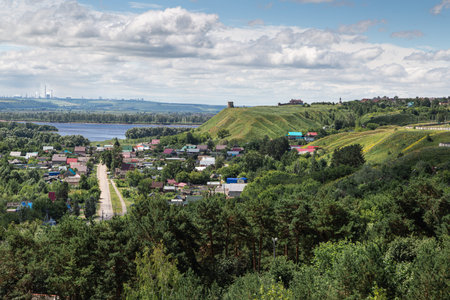 The tower of an ancient fortress on a high cliff on the banks of the Kama River, Elabuga, Tatarstan,...