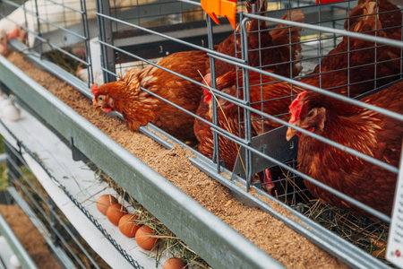 Close up of hens on a poultry farm. Egg farm. Laying hens.