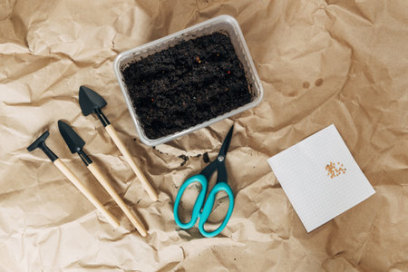 Paper background, fertile soil and garden tools on top, top view. Planting seedlings in springの写真素材