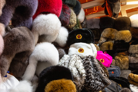 Russian souvenir hats-earflaps of different colorsの写真素材