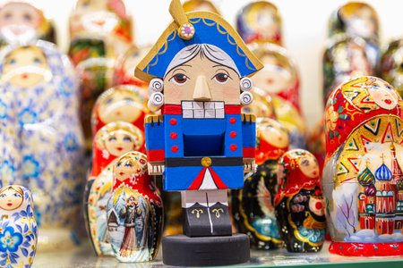 Traditional Christmas souvenir nutcrackers sold on Christmas marketの写真素材