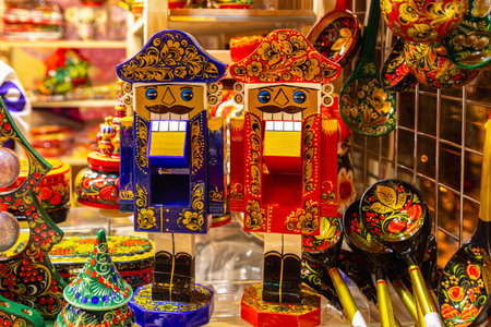 Traditional Christmas souvenir nutcrackers sold on Christmas marketの写真素材