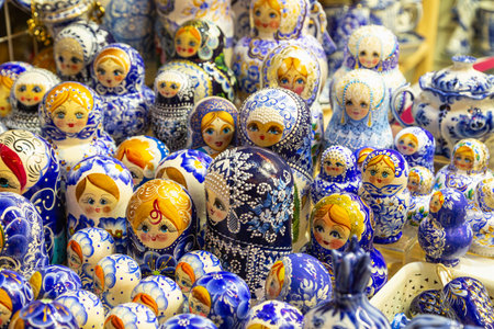 Moscow, Russia - January 7, 2020: Gzhel ceramics collection at the Christmas fairのeditorial素材