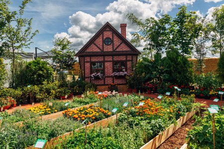 Brick house, wooden beds with vegetables and flowers