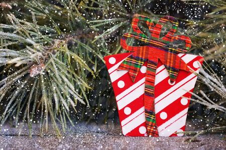 Christmas and Christmas decorative elements and toys on a wooden backgroundの写真素材