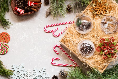 Decorative Christmas elements on a light backgroundの写真素材