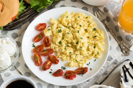A rich and varied breakfast. Flat lay.の写真素材