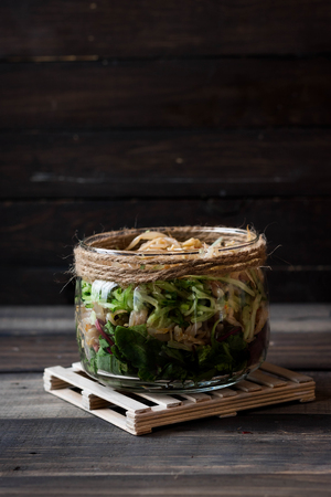 Vegetarian salad from soybean sprouts in a jarの写真素材