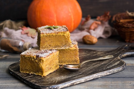 Homemade pumpkin bars with sugar-cinnamon crust for the holiday and for every dayの写真素材