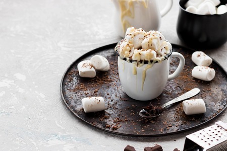 Cocoa with condensed milk, marshmallow and chocolate chips on a light backgroundの写真素材