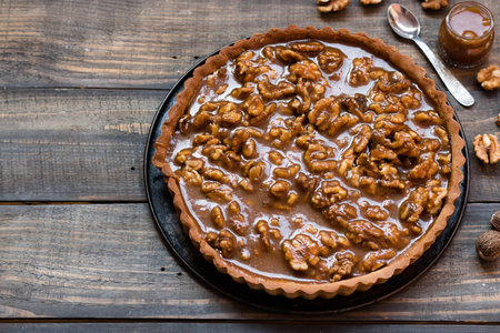 Tarte with salted caramel and walnutsの写真素材