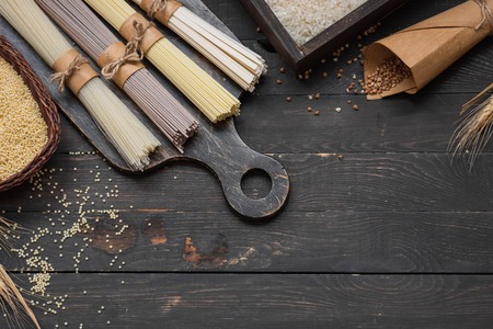 Assorted gluten free buckwheat, egg and rice noodles. View from above. Place under the textの写真素材