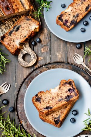 Spiced cake with Rosemary, Ripe Bananas and Blueberriesの写真素材