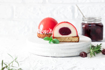 Fashionable mousse cake with mirror glaze and cherry filling on a pillow of coconut cookies with coconut flakes. Modern dessert.の写真素材