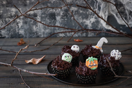 Chocolate Cupcakes with Chocolate Cream Decorated with Creepy Marshmallow Sweets for Halloween Party. Halloween food.の写真素材