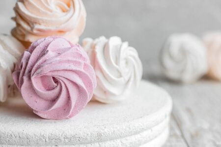 Assorted different flavors of homemade marshmallows. Peach, pink and white marshmallows. Homemade sweets.の写真素材