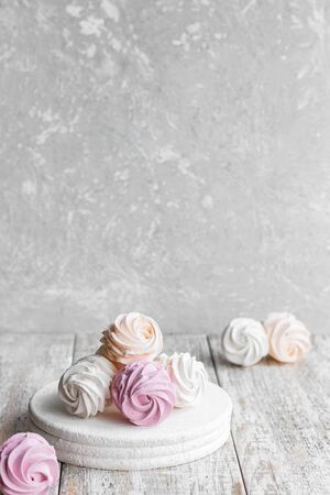 Assorted different flavors of homemade marshmallows. Peach, pink and white marshmallows. Homemade sweets.の写真素材