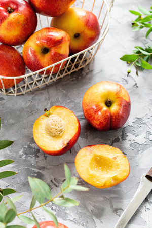 Beautiful juicy nectarines. Ripe farm harvest. Fresh Juicy Organic Fragrant fruitsの写真素材