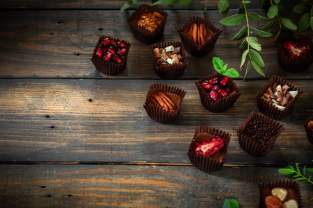 Homemade chocolate sweets with various fillings. Dark wooden background.