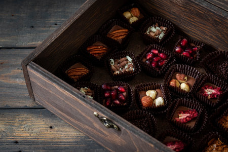 Homemade chocolate sweets with various fillings. Dark wooden background.の写真素材
