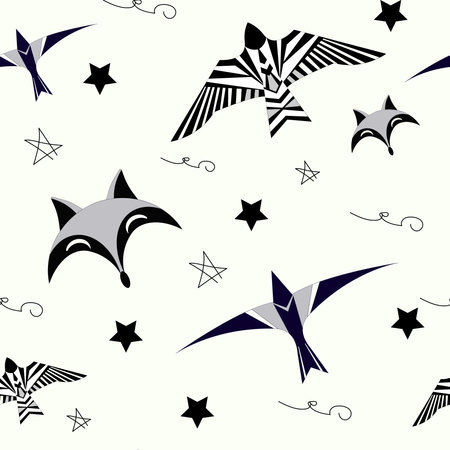 Animal seamless pattern, Black and white vector, burds, stars, foxのイラスト素材