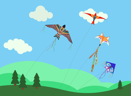 Cartoon kites. Wind flying toy with ribbon and tail for kids. Makar Sankranti. Butterfly, fox, eagle kite shape and design, vector set. Illustration wind kite game, summer flying toyのイラスト素材