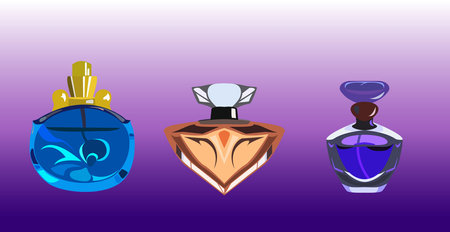 Flat icon set of parfume bottles. Man and women fragrances in various shaped bottlesのイラスト素材