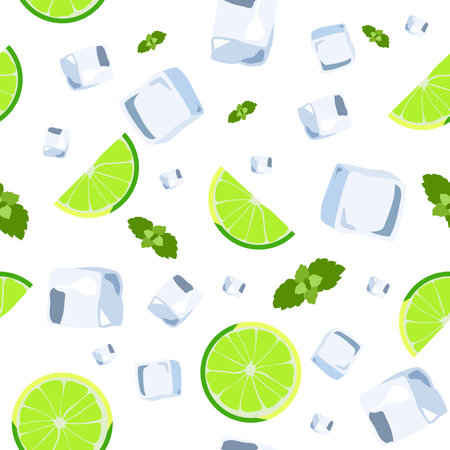 Mojito cocktail seamless pattern. top view lemonade wallpaper. Illustration with mint, ice cube and lime. Fresh summer time print or t-shirt, prints, banner, party invitation or packaging design.のイラスト素材