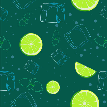 Mojito cocktail seamless pattern. top view lemonade wallpaper. Illustration with mint, ice cube and lime. Fresh summer time print or t-shirt, prints, banner, party invitation or packaging design.のイラスト素材
