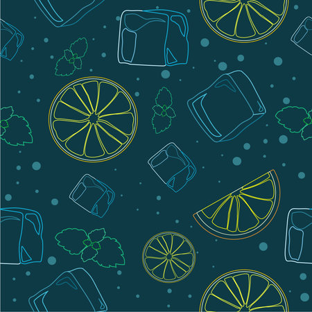 Mojito cocktail seamless pattern. top view lemonade wallpaper. Illustration with mint, ice cube and lime. Fresh summer time print or t-shirt, prints, banner, party invitation or packaging design.のイラスト素材