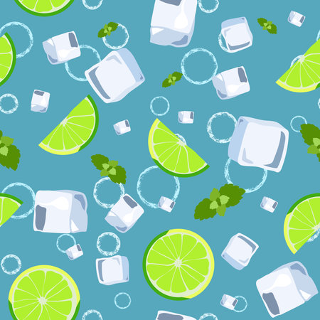 Mojito cocktail seamless pattern. top view lemonade wallpaper. Illustration with mint, ice cube and lime. Fresh summer time print or t-shirt, prints, banner, party invitation or packaging design.のイラスト素材