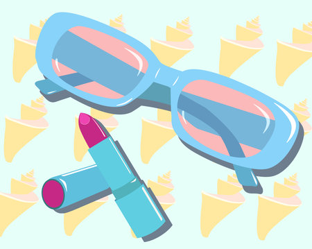 Fashion pin. Lipstick, sunglasses, Shell background Isolated blue background, Flat design Vectorのイラスト素材