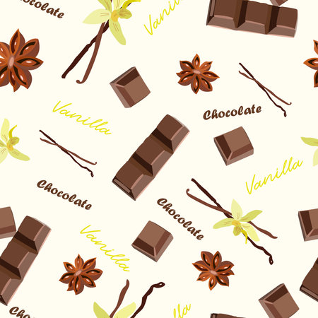 set of natural vanilla flowers and sticks, chocolate slices and satr anis, seamless vector illustration for textile, printのイラスト素材