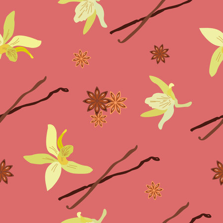 Seamless pattern with vanilla pods. Sweet vanilla. Background, print, wrapping paper, modern textile design. Vector illustrationのイラスト素材