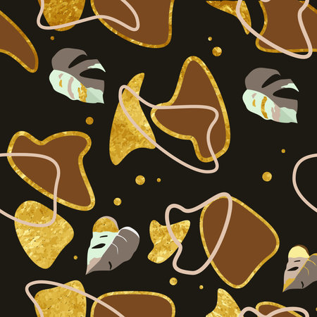 Seamless abstract figures and monster leaves on dark background with gold design. For textile and notepad designsのイラスト素材