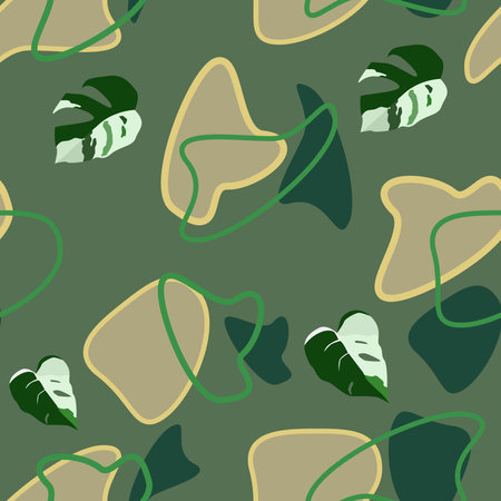 Seamless abstract figures and monster leaves on dark background with gold design. For textile and notepad designsのイラスト素材