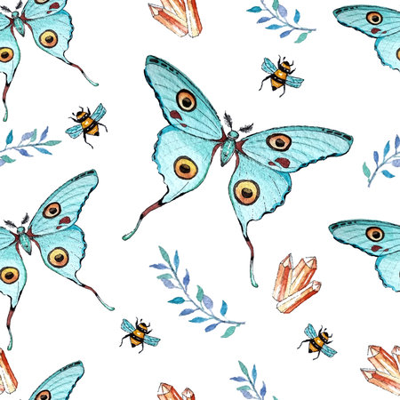 Watercolor blue butterfly. Vector seamless texture with artistic illustration with krystall and butterfly. Textile seamless.の写真素材