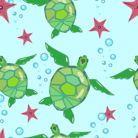 Seamless pattern with turtles and starfish. Design for textile and print. Summer vivid wallpaperのイラスト素材