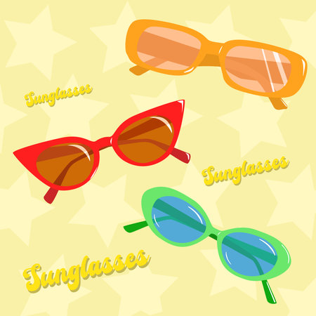 Sunlasses set. Trendy colorfull and vintage accessory. Brigth eyeglass framesのイラスト素材