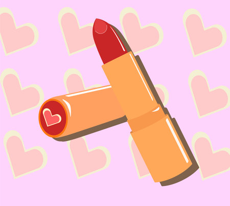 Red lipstick, blue stick on a background of seashells and a blue background. Vector image for fashion, magazines, printのイラスト素材