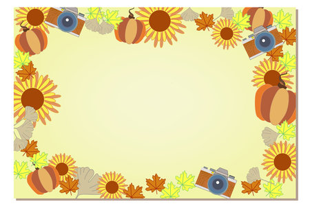 Autumn frame with pumpkin, sunflowers and camera. Frame for inserting a photo or textの写真素材